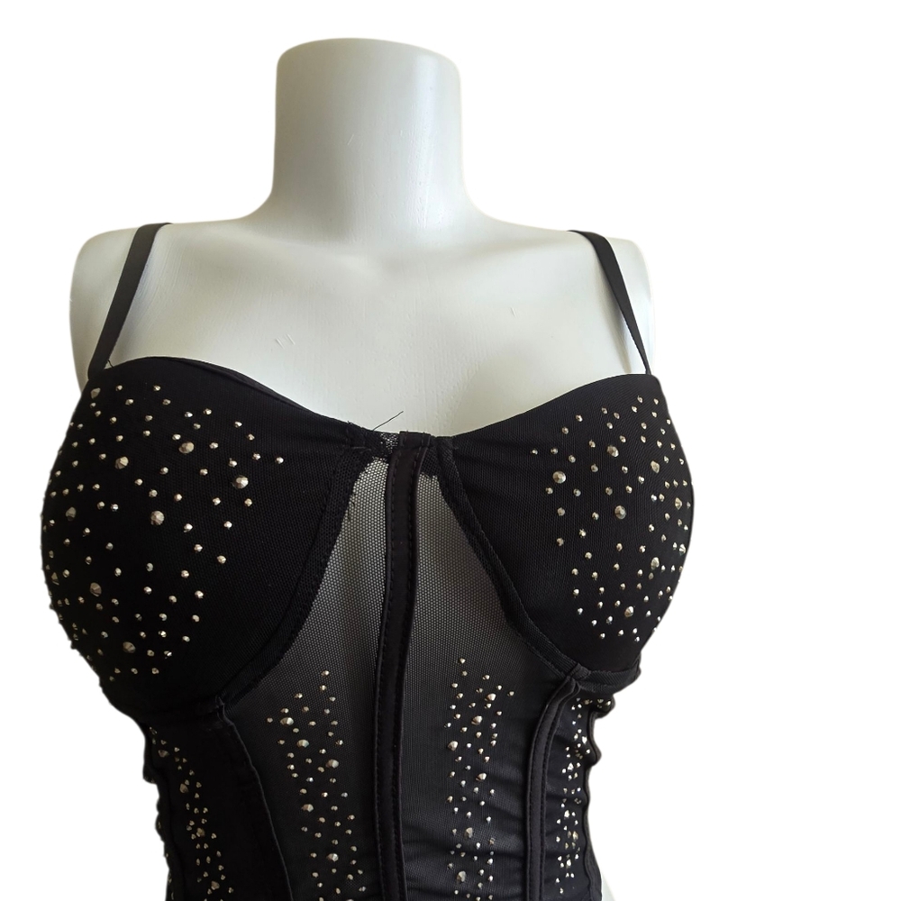🔥 Black Mesh Rhinestone Corset Top
